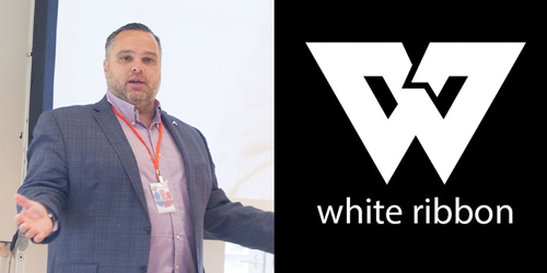 Photo of Humberto Carolo, member of the MenEngage Global Board, with the White Ribbon logo