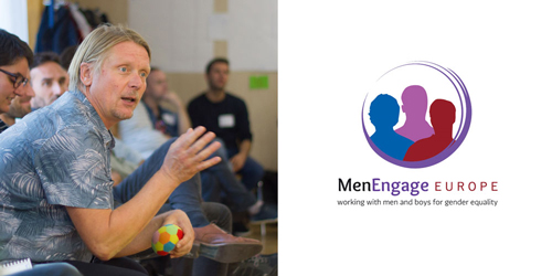 Photo of Jens van Tricht, MenEngage Global Board, with MenEngage Europe Logo