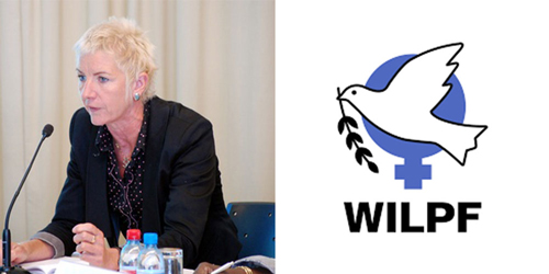 Photo of Madeline Rees, member of the MenEngage Global Board, with the WILPF logo