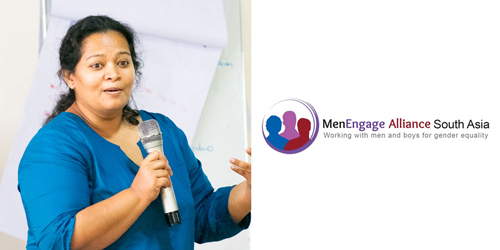 Photo of Samitha Sugathimala, MenEngage Global Board, with MenEngage Alliance South Asia logo