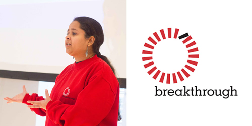 Photo of Urvashi Gandhi, member of the MenEngage Global Board, with the Breakthrough India logo