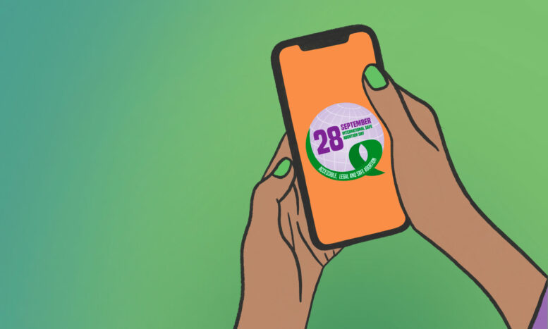 Illustration from the September 28 Campaign of a phone in someone's hands. The September 28 logo appears on the phone.